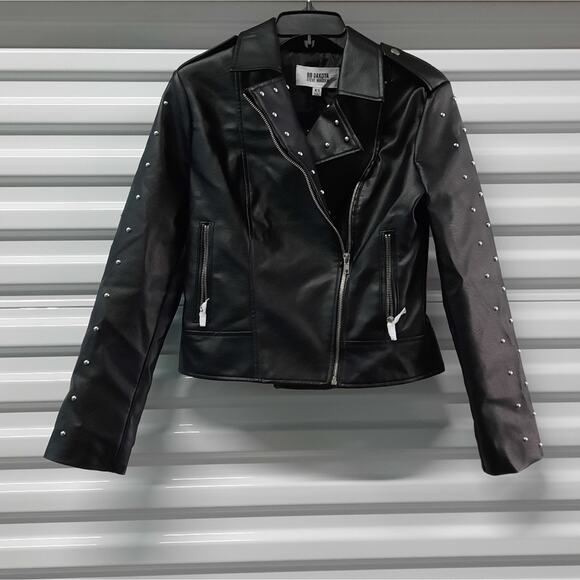 BB Dakota Steve Madden Womens Faux Leather Biker Moto Jacket XS Black Pearl Stud - Picture 2 of 10